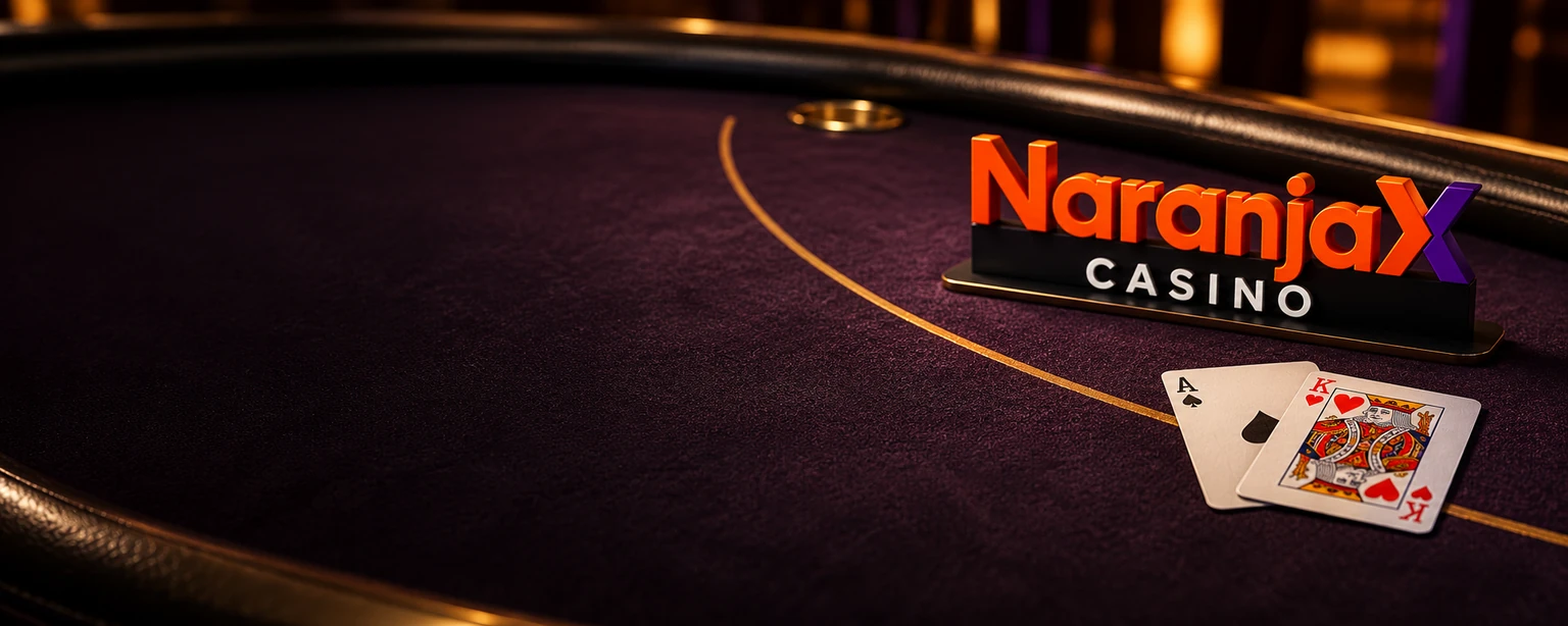 Mesa de casino con cartas y la marca Naranja X Casino